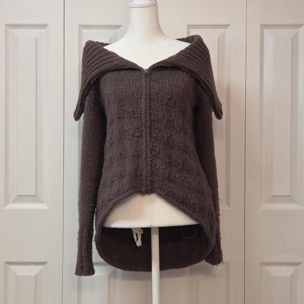 Winter Boho Brown Oversize Chunky Knit Zip Up Sweater Jacket Wide Roll Collar XS